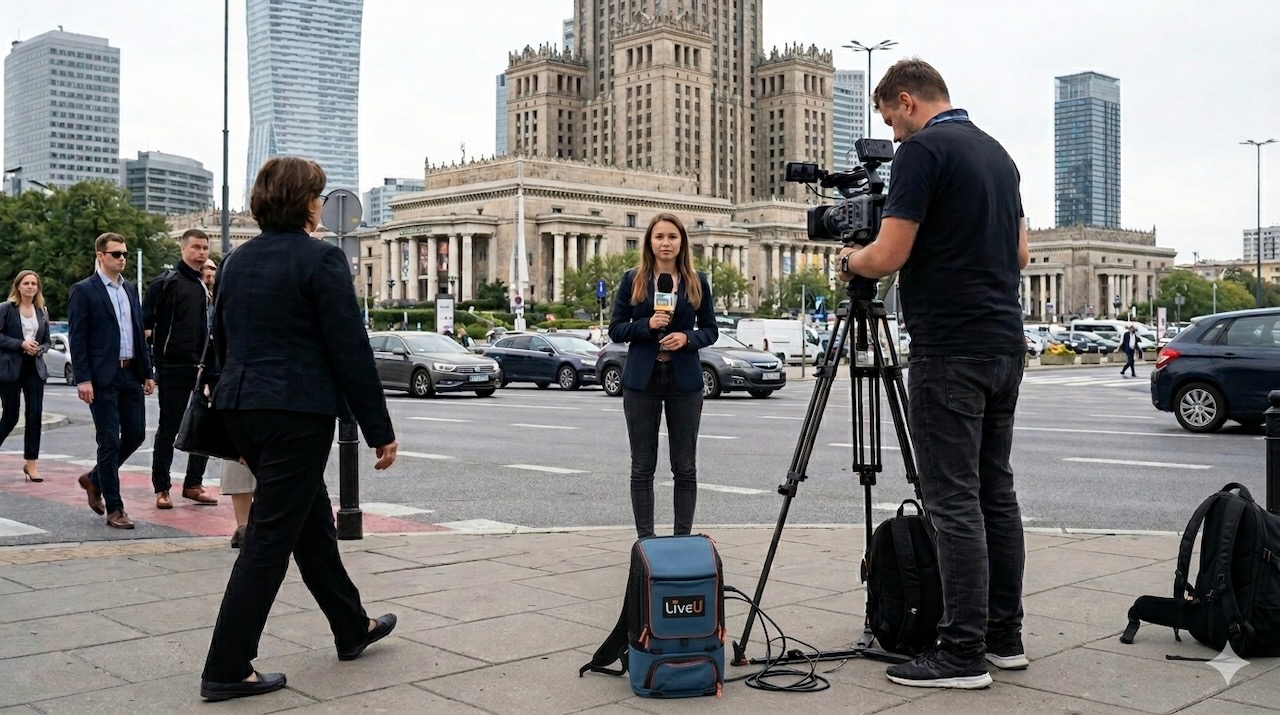 OneStream English-speaking crew producing a live stand-up report in Warsaw with bonded cellular transmission