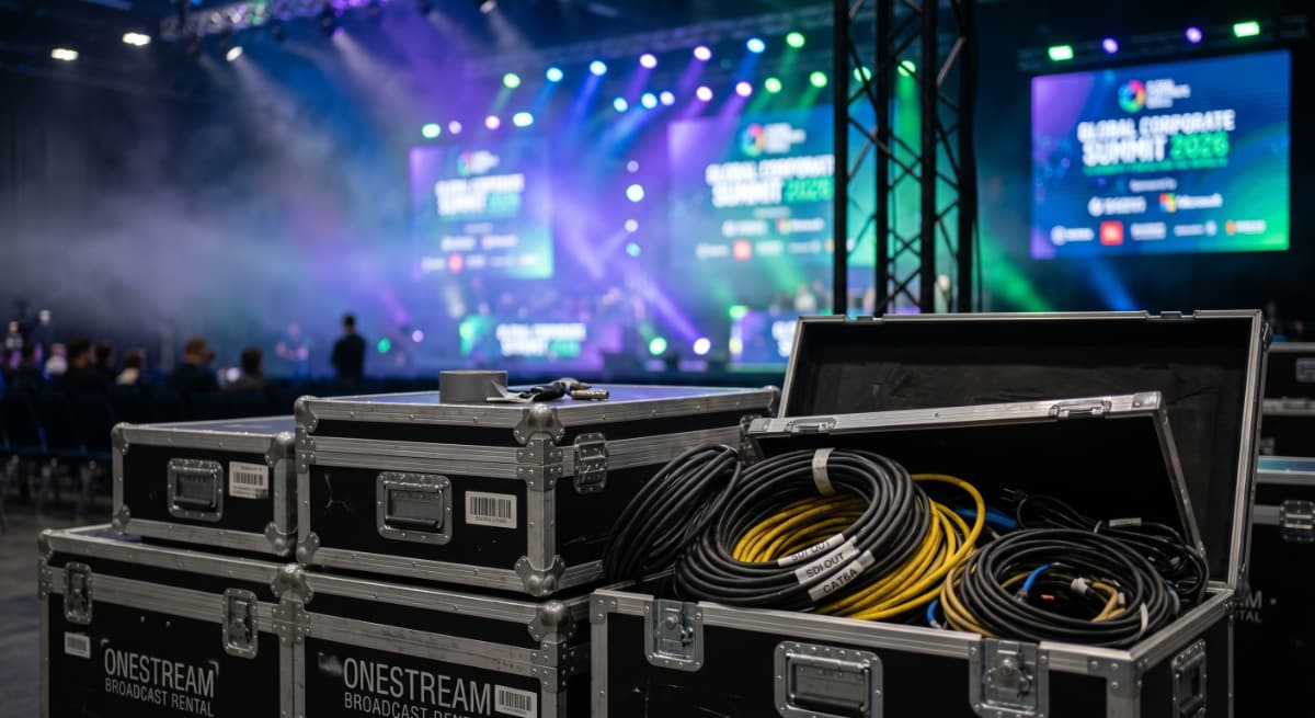 OneStream Broadcast Rental flight cases and professional SDI and CAT6A cabling prepared at a corporate event